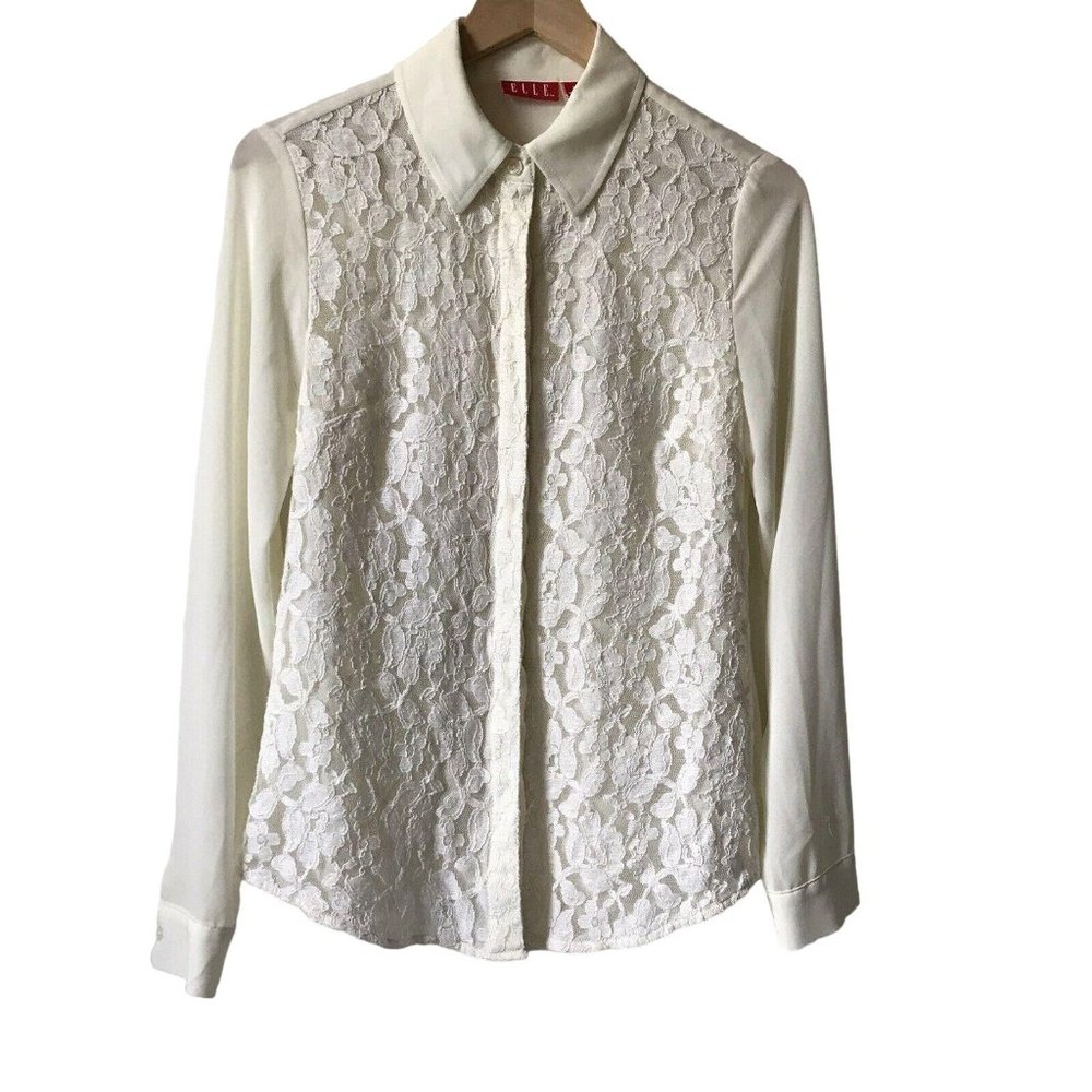 ELLE lace front blouse cream long sleeve button boho romantic‎ soft feminine S
